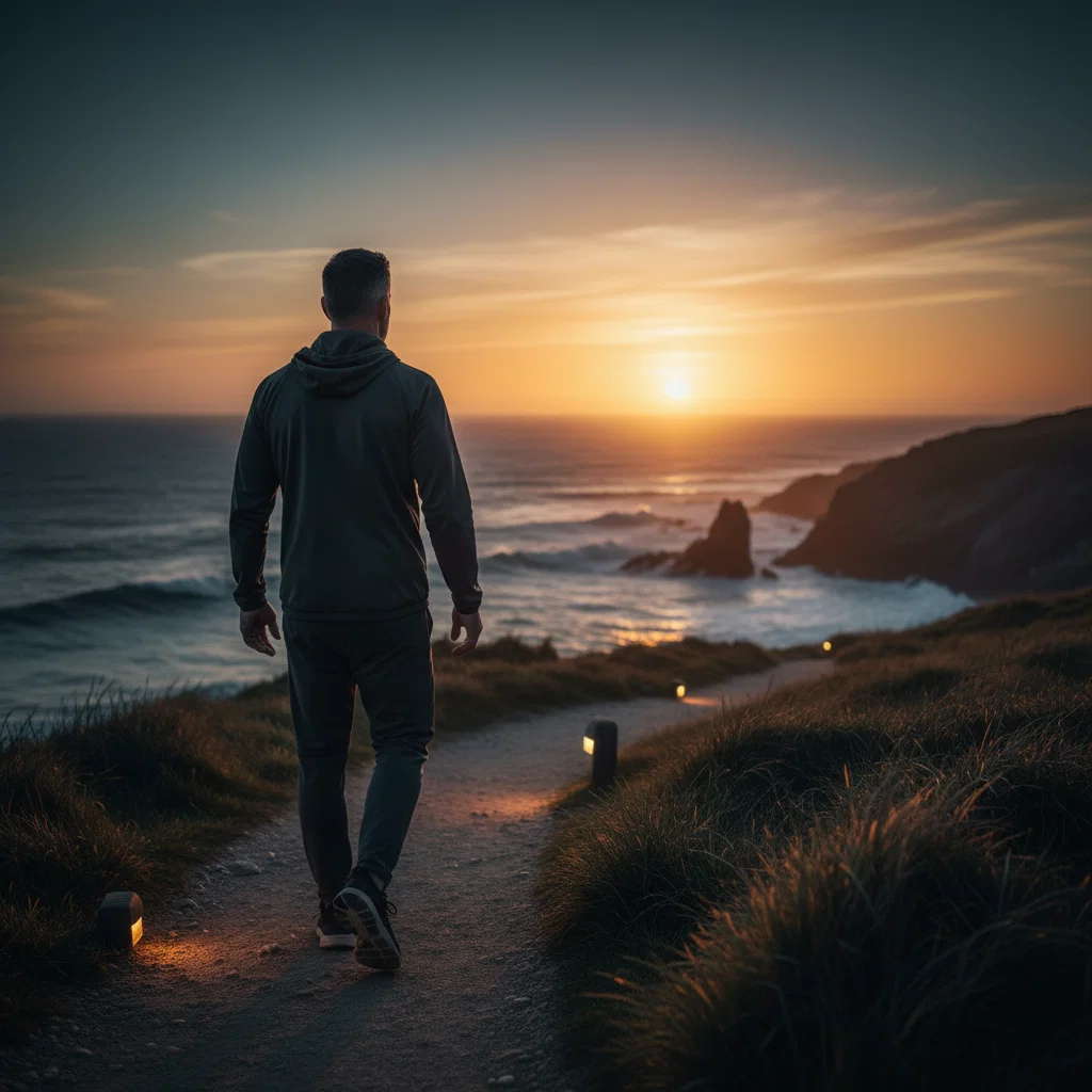 Anonymous man walking coastal path at sunrise supporting active lifestyle for men over 50